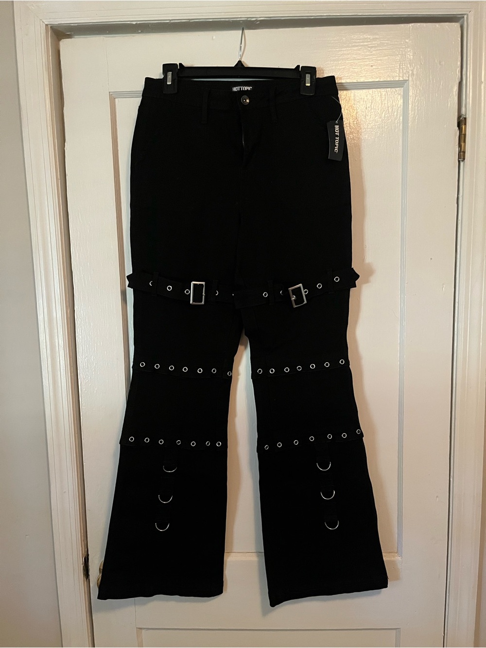 Hot Topic Black Flared Grommet Pants with Buckle Straps